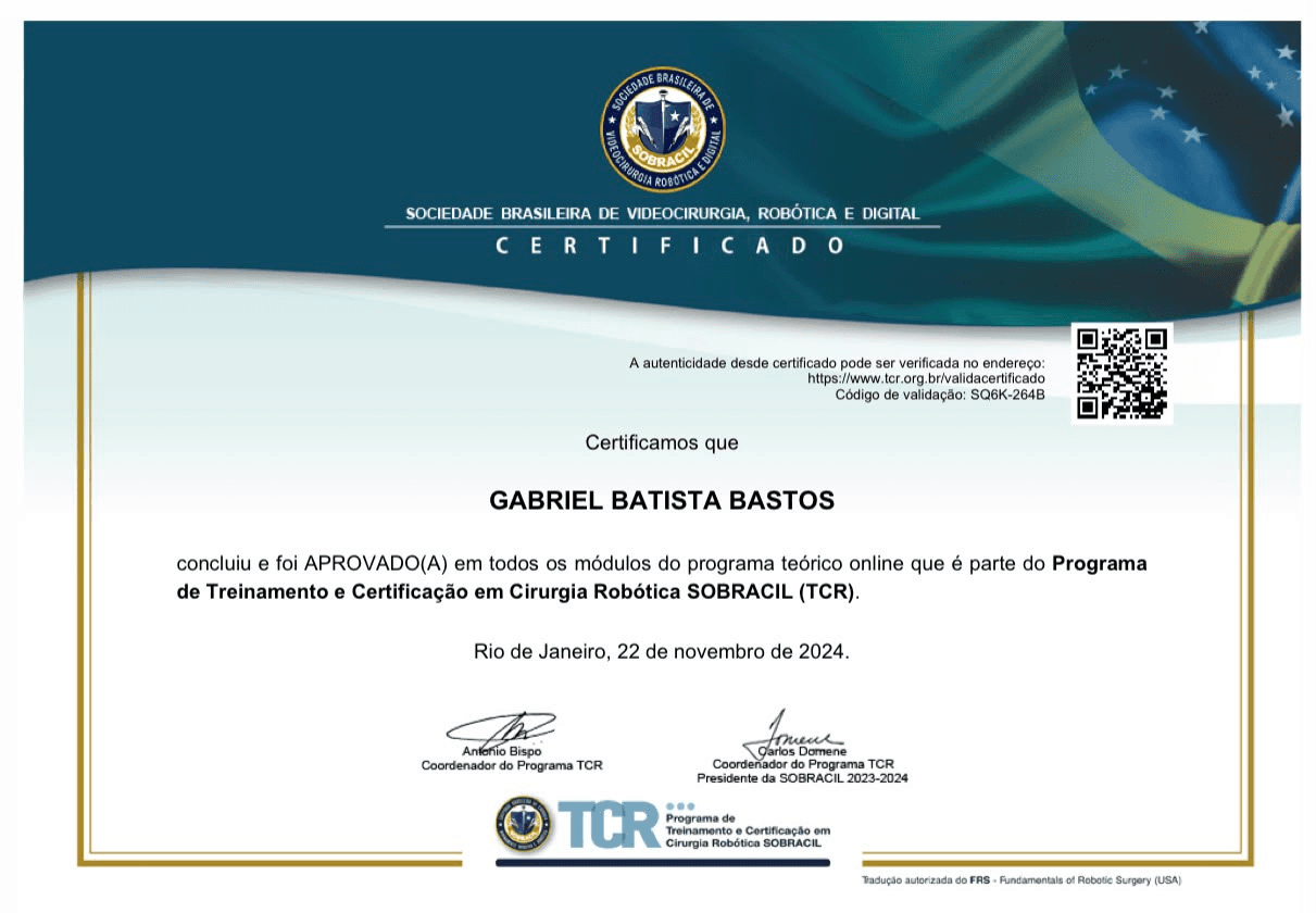 Certificado do Programa de Treinamento e Certificação em Cirurgia Robótica (TCR) da SOBRACIL emitido para Gabriel Batista Bastos, Rio de Janeiro, 22 de novembro de 2024.